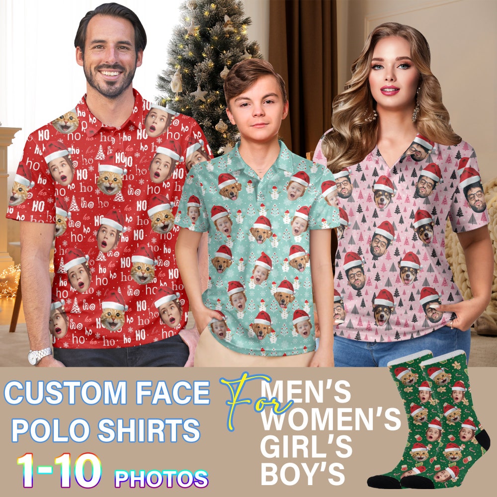 Shirtless Style Custom Christmas Polo Shirt For Man,Personalized Pet Face Christmas Golf Shirt,Custom Face Polo Shirts,Custom Christmas Family Shirt Gifts