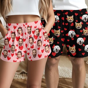 Custom Face Pajama Shorts,Personalized Cat Dog Face Pajamas Pants for Men Women,Custom Love Heart Pajama Trousers for Couple,Bachelor Party