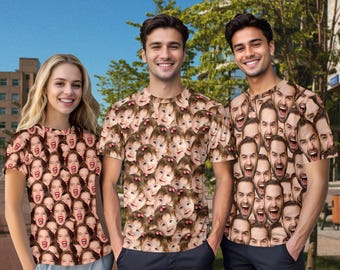 May include: Three short-sleeved t-shirts featuring an all-over repeating pattern of faces. The left shirt displays a repeating pattern of a young child's face, the center shirt shows a repeating pattern of a child's face, and the right shirt shows a repeating pattern of a man's face.