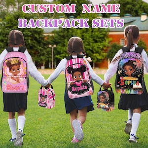 Custom Afro Black Girl Backpack,School Backpack for Elementary Girls with Name,Bookbag with Lunch Box Set，Back to School Gift for Girls