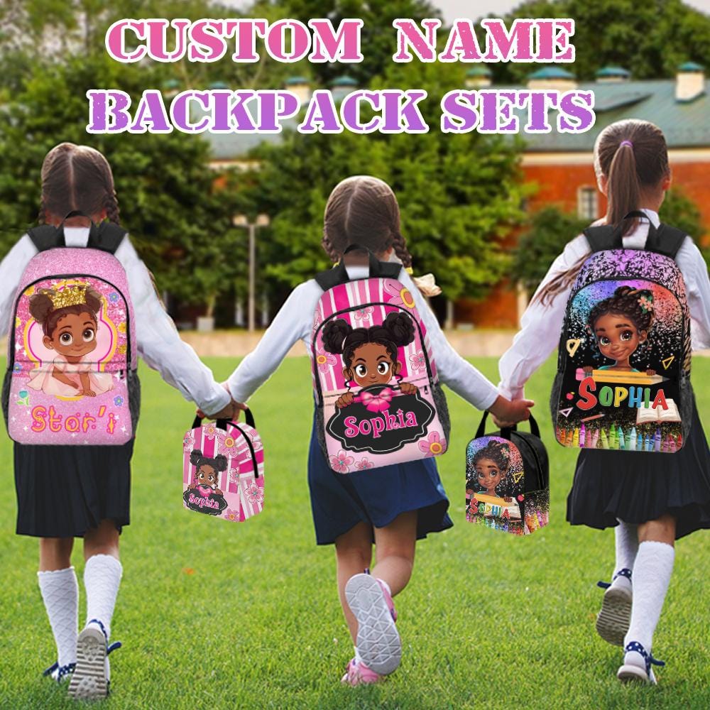 Custom Afro Black Girl Backpack,School Backpack for Elementary Girls with Name,Bookbag with Lunch Box Set，Back to School Gift for Girls