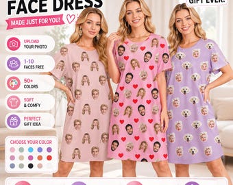 May include: Three short-sleeved dresses featuring custom photo prints. The left dress is light pink with human faces, the center dress is pink with human faces and red hearts, and the right dress is light purple with dog and baby faces.