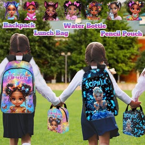Custom Name Backpack for Kids,Afro Girl School Bag for Student,Custom Text on  Lunch Bag Water Bottle Pencil Pouch,Back to School Funny Gift