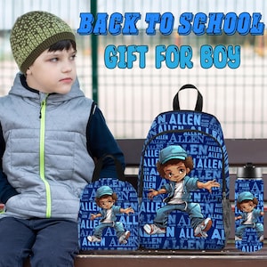 May include: A blue backpack, lunch bag, and water bottle set with a repeating "ALLEN" pattern and a cartoon illustration of a boy in a blue cap. The text "BACK TO SCHOOL GIFT FOR BOY" is displayed above.