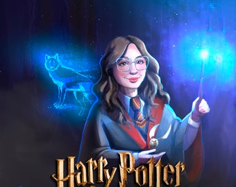 You as a wizard, wizard school student art, Potterhead portrait, custom portrait, magic illustration, gift to my couple, wizard and patronus.