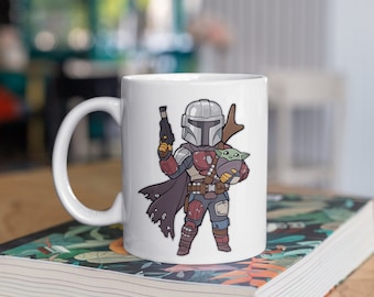 The Mandalorian | Cute Chibi Mandalorian holding Grugo | 11oz White Glossy Mug | Perfect Gift for Star Wars and The Mandalorian Fans