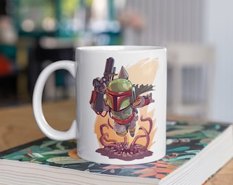 Star Wars | Cute Chibi Boba Fett Escaping Sarlacc | 11oz White Glossy Mug | Perfect Gift for Star Wars and Boba Fett Fans