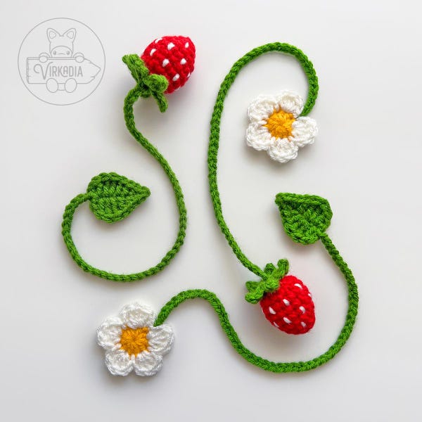 Strawberry Bookmark Set | Crochet Pattern | Digital PDF Download | Tutorial • Fruit Amigurumi • Flower Motif • DIY Gift • Cottagecore