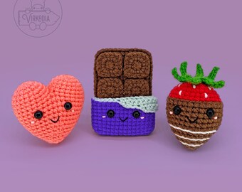 Valentine's Cuties | Crochet Pattern Bundle | Digital PDF Downloads | Heart • Chocolate Bar • Chocolate Strawberry • Amigurumi Holiday Decor