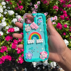 Handmade Phone Case iPhone 12 Turquoise Decoden Cream Glue Case