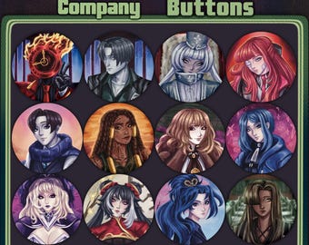 Puede incluir: Doce botones redondos con ilustraciones de personajes del juego "Limbus Company". Cada botón muestra un retrato de personaje diferente, con diversos peinados y vestimentas. Los botones están sobre un fondo verde oscuro.