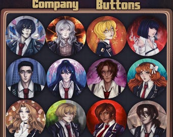 Puede incluir: Doce botones redondos con retratos de estilo anime de personajes con fondos y peinados de diferentes colores. Los botones están dispuestos en una cuadrícula de cuatro filas y tres columnas. El texto "Limbus Company" y "Sinner Buttons" está en la parte superior de la imagen.