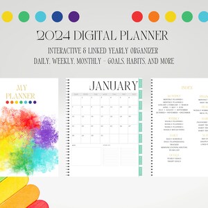 2024 Digital Planner - 64 Page Interactive & Linked Yearly Organizer - Daily, Weekly, Monthly - Goals, Habits, and More