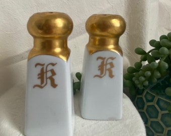 Vintage JHR Louise Bavaria Gold and White Salt and Pepper Shakers w/ K monogram