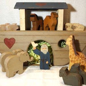 Handmade Hand Painted Wooden Noah&#39;s Ark with Noah, the Ark, and 12 Animals Vintage ADORABLE