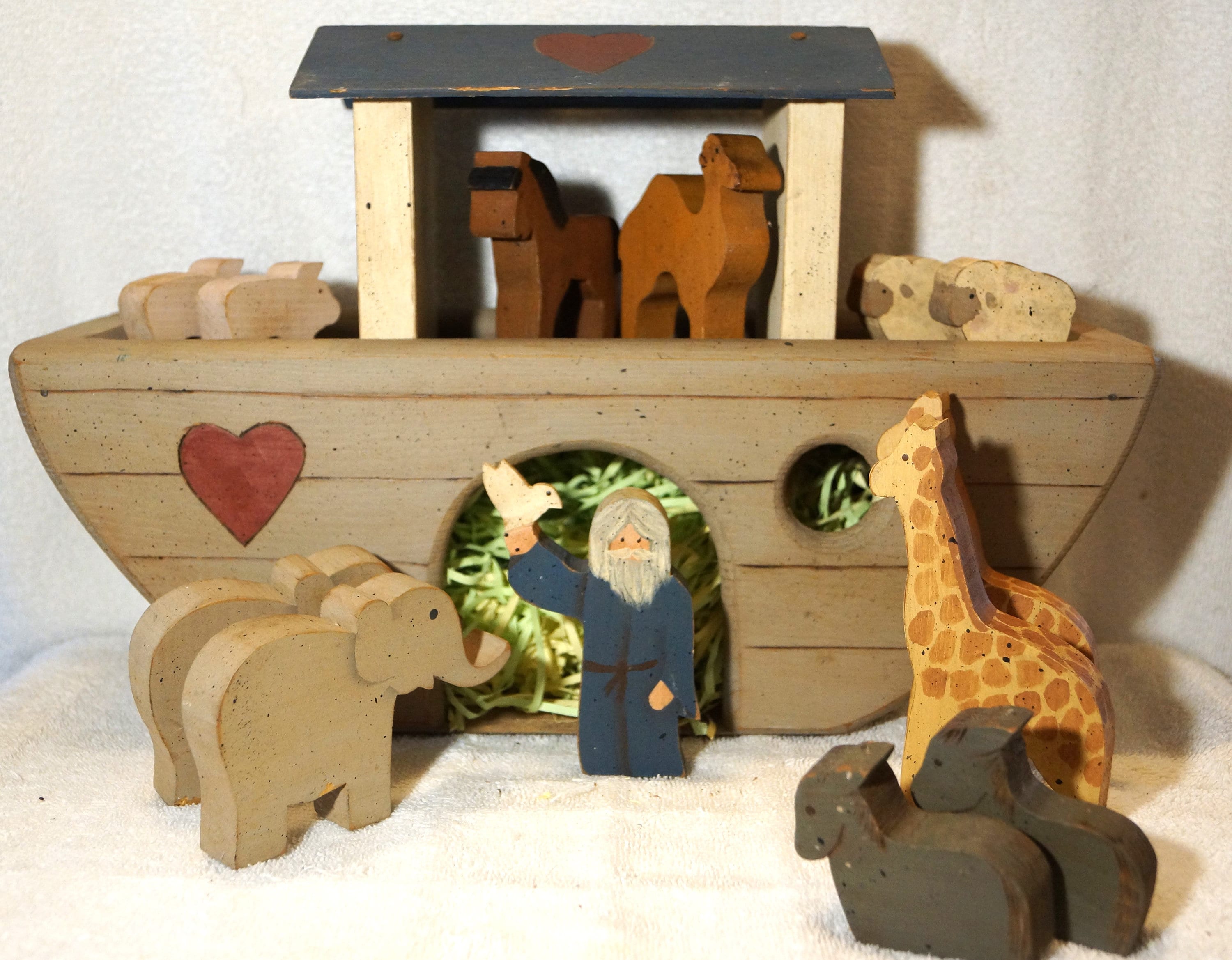 Handmade Hand Painted Wooden Noah's Ark With Noah, the Ark, and 12