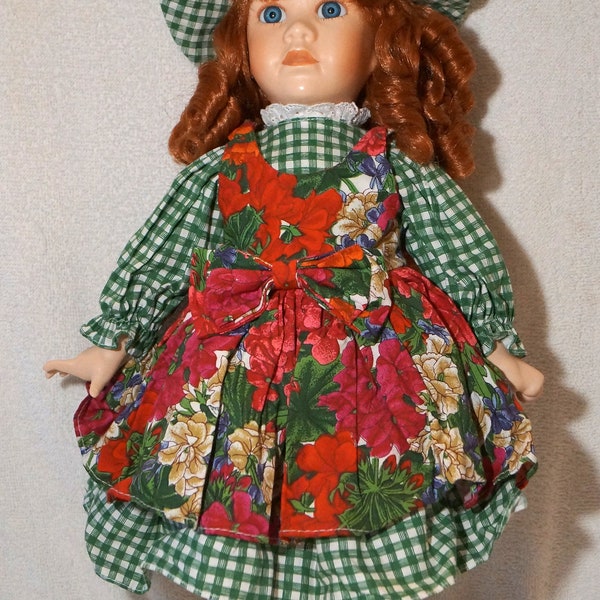 Beautiful Vintage Curly Red Hair Porcelain Doll, Green Gingham Dress, Floral Pinafore, Hat and Stand