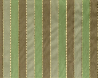 May include: A striped fabric with alternating bands of green, brown, and beige. The fabric has a subtle sheen and a textured surface.