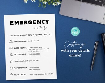 Editable Emergency Contact Information Sheet | Important Phone Numbers for Airbnb/Rental Property | Instant Download