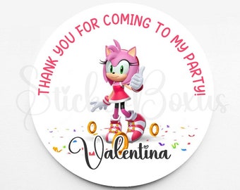 May include: Round sticker with a pink Sonic the Hedgehog character,  "Thank you for coming to my party!" text, and the name "Valentina" at the bottom.