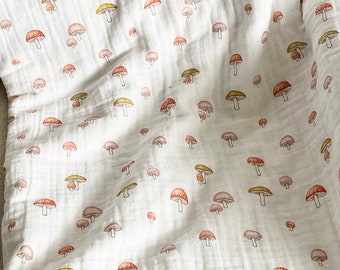 Cottagecore Mushroom Cotton Baby Quilt Oversized Handmade Baby Blanket Neutral Mushroom White Quilt Handmade Leather Patch Baby Stat Blanket