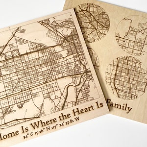 Carte de famille en bois interurbaine Coeur cadeau héritage de famille Carte gravée au laser Carte des distances en bois Cadeau de réunion de famille en bois Carte personnalisée grands-parents