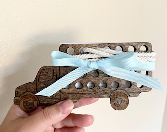 Truck Threading Activity for Fine Motor Skills Packable Activity for Traveling Airplane Quiet Toy Wooden Truck Lacing Toy Quiet Time Gift