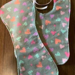 FREE SHIPPING! Pastel baby heart bib and burp cloth set made with soft flannel and backed with Terry cloth, super absorbent