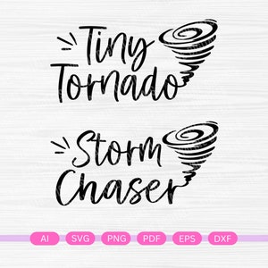 May include: Black and white design with a stylized tornado and the text "Tiny Tornado" and "Storm Chaser".