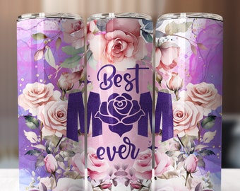 Può includere: Un bicchiere in acciaio inossidabile viola e rosa con un motivo floreale e il testo "Best Mom Ever" in lettere viola.