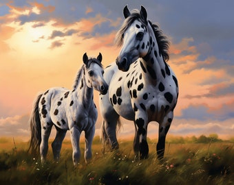 Black And White Appaloosa Horse And Foal With A Sunset