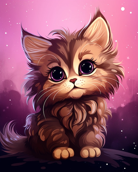 Cute Maine Coon Kitten Cartoon With Purple Eyes