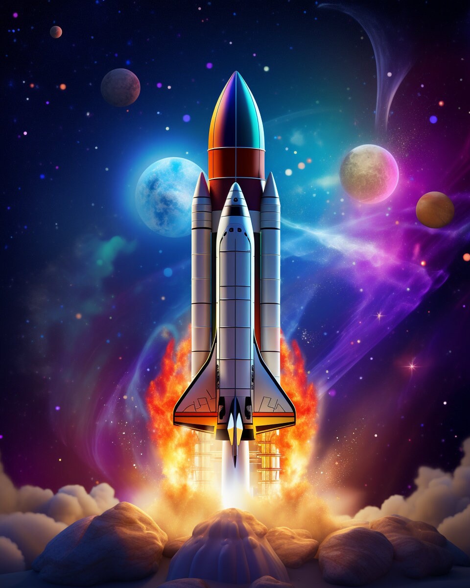 Rocketship In A Colorful Galaxy