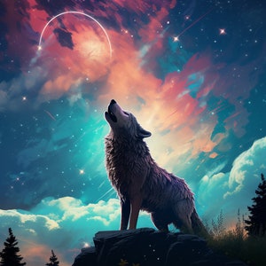 Wolf Howling To A Colorful Moon