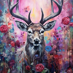 Aquarell Weißwedelhirsch mit Blumen
