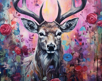 Watercolor Whitetail Buck With Flowers