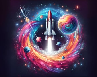 Rocket Ship Flying Into A Colorful Galaxy