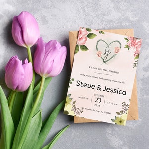 Elegant Wedding Invitation Card, Floral Design, Editable Template, Invitation Suite, Save the Date
