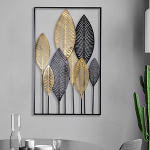 Luxury Gold & Black Modern Wall Art Hanging Metal Leaves 84*53cm