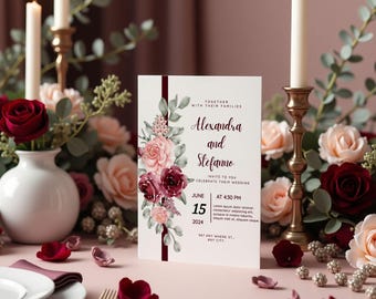 Romantic Floral Wedding Invitation - Editable Digital Template for Print - Elegant Design with Pink and Burgundy Flowers