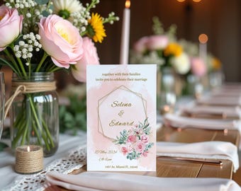 Pink and Gold Floral Wedding Invitation - Editable Digital Template for Print - Elegant Design with Pink Toned Flowers and Gold Accents