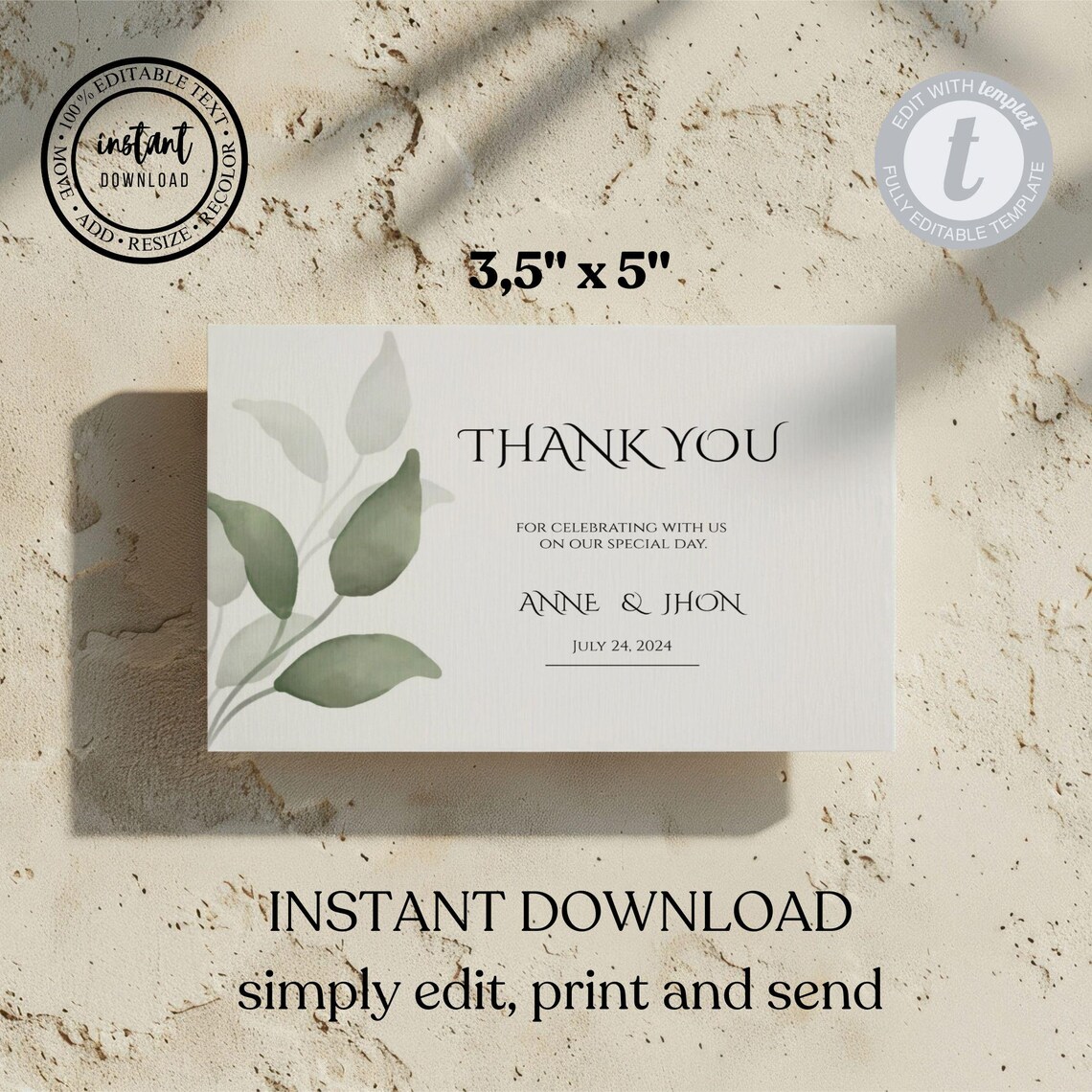 Digital Wedding Thank You Card - Editable Template for Print ...