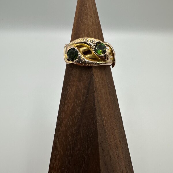 14k Gold Double Headed Snake Ring - Emerald Eyes