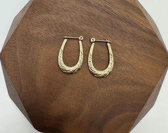 14k Oblong Twisted Embossed Hoop Earrings