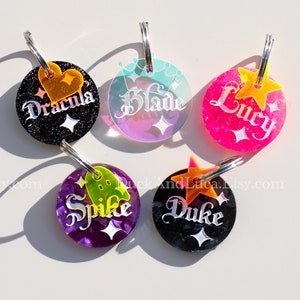 Custom Round-Shaped Pet ID Tags | Personalized Gothic Tag Keychain | Glitter Pearl Iridescent Vibrant Acrylic | Perfect for Dogs and Cats ID