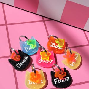 Custom Cat-Shaped Pet ID Tags | Personalized Cute Tag Keychain | Glitter Bright Color Vibrant Acrylic | Perfect for Dogs and Cats ID