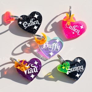 Custom Heart-Shaped Pet ID Tags | Personalized Gothic Keychain Tag | Glitter Pearl Iridescent Vibrant Acrylic | Perfect for Dogs and Cats ID