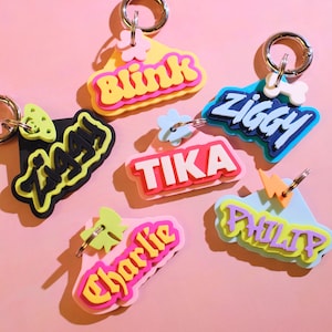 May include: A collection of colorful name keychains with silver key rings. Each keychain features a different name in a playful font, with names like "Ziggy", "Blink", and "Charlie". The keychains are in various shapes and colors, set against a pink background.