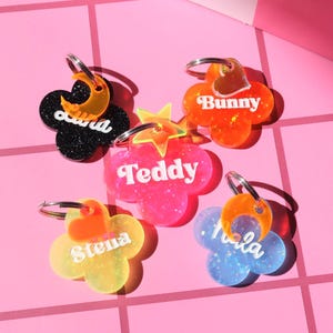 Custom Flower Pet ID Tag: Glitter Acrylic Dog Cat Keychain