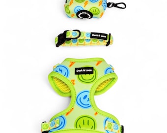 4 Piece Neon Lime Happy Face Dog Set: Adjustable Harness Collar. Leash, Poop Bag